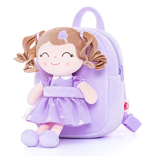 Gloveleya Toddler Backpack Baby Girl Gift Plush Bag Diaper Bag with Spring Girl Doll Curly Hair Girl Toys with Love Purple 9 Inches