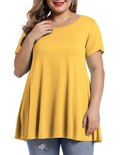 MONNURO Womens Short Sleeve Casual Loose Fit Flare Swing Tunic Tops Basic T-Shirt Plus Size(Yellow,4X)