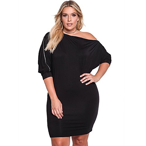 ROSIANNA Women's One Shoulder 3/4 Sleeves Bodycon Fitted Short Plus Size Dresses (Black, X-Large)
