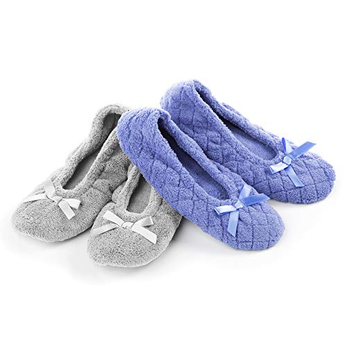 Isotoner Women's 2 Pack Mictroterry Ballerina Slipper with a Satin Bow, Plush Lining and Suede Sole, Periwinkle Quilted/Ash Solid, 6.5-7.5