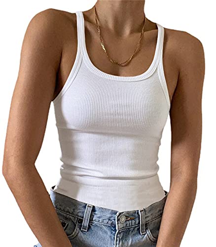 Artfish Women's Sleeveless Full Tank Top Form Fitting Scoop Neck Ribbed Knit Basic Tight Fitted Cami White M