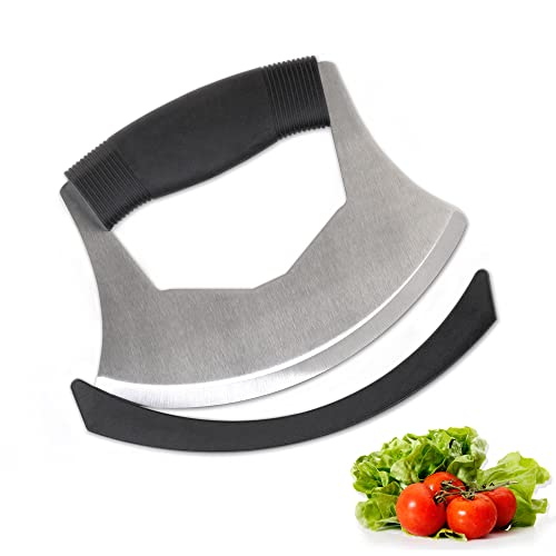 XoYoZo Salad Chopper Mezzaluna Knife with Protective Cover and Anti-Slip Handle Stainless Steel Chopper Vegetable Cutter Onion Chopper Mincing Knife Pizza Cutter