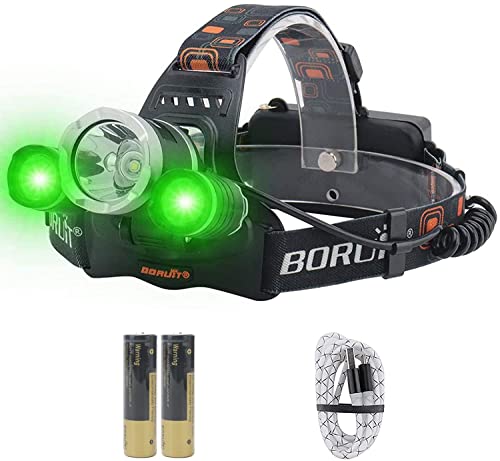 BORUIT RJ-3000 LED Headlamp with Green Light,Ultra Bright 5000 Lumens White Green Light LED Hunting Headlight,3 Mode Waterproof Tactical Head Lamp for Running Camping Hiking Fishing