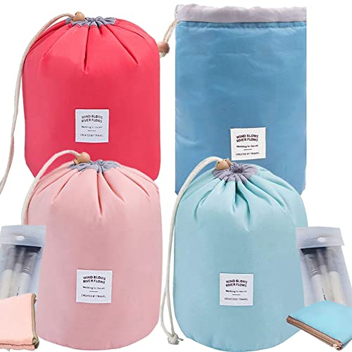 INVODA Makeup Bags Portable Drawstring Cosmetic Bag for Women Foldable Large Travel Toiletry Organizer Bag (Pink+Red+Green+Blue)