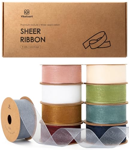 Vitalizart 1' x 90Yd Organza Ribbon Mixed Color Sheer Ribbons Set 10 Yd x 9 Rolls Handmade Eco-Friendly for Gift Wrapping Christmas Tree Crafts Bows Wedding Invitations Wreaths Wrap