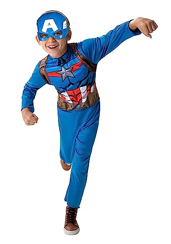 Marvel Captain America Official Youth Value Costume - Full-Bodied Fabric Jumpsuit with High-Resolution Printed Design and Plastic Half Mask - Medium