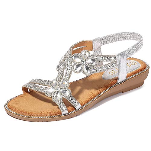 Yicornchen Women's T-Strap Beaded Flower Rhinestone Flat Sandals Dress Beach Shoes(8.5 B(M) US,Silver)