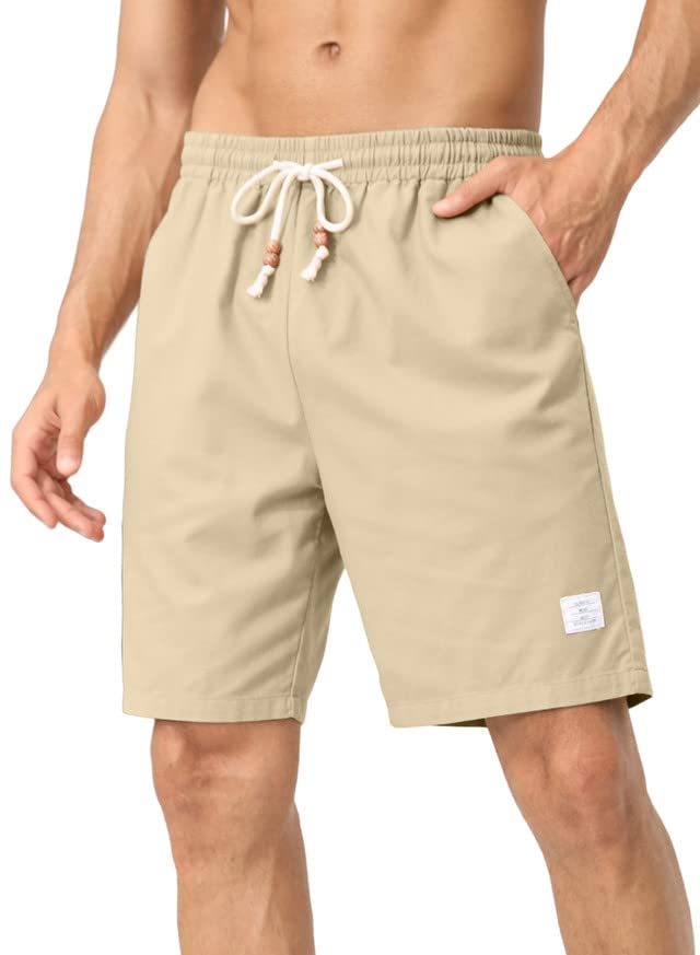 JMIERR Men Shorts Linen Cotton Casual Classic Fit Flat Front Elastic Waist Drawstring Lightweight Summer Beach Shorts for Men US 34 (Medium) Khaki