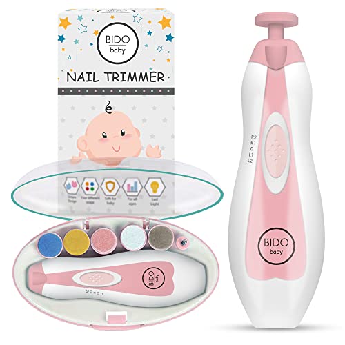 BİDO Baby Nail Trimmer File Electric-Safe Baby Nail Clippers,Manicure Kit for Newborn Toddler and Kids,12 Grinding Heads and LED Light, Pink or Blue (Pink)