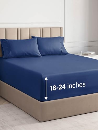 Extra Deep Pocket Queen Sheets - 4 Piece Breathable & Cooling Bed Sheets - Hotel Luxury Bed Sheet Set - Soft, Wrinkle Free & Comfy - Easily Fits Extra Deep Mattresses - Deep Pocket Navy Blue Sheets
