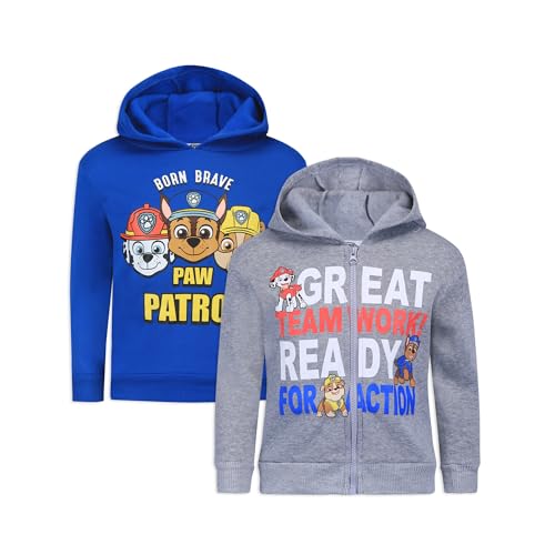 Paw Patrol Nickelodeon Marshall, Rubble, and Chase Boys' 2 Pack Hooded Sweatshirts for Toddler and Little Kids – Blue/Grey