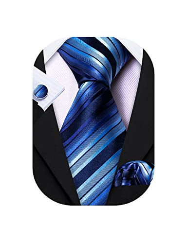 Barry.Wang Stripe Men Ties Set Classic WOVEN Necktie with Handkerchief Cufflinks Formal Blue