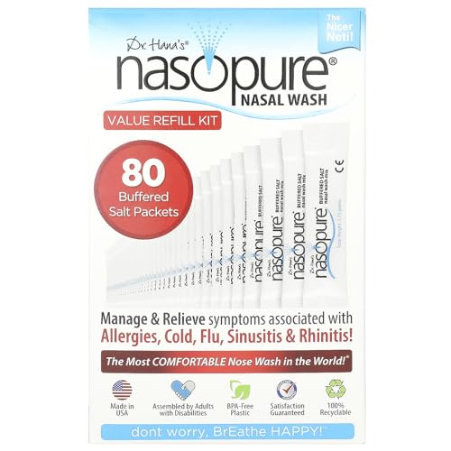Nasopure Nasal Wash, Value Refill Kit, “The Nicer Neti Pot” Sinus Wash Kit, Comfortable Nasal Rinse 80 Salt Packets (3.75 Grams Each), Nasal Congestion, Cold, Flu, Allergy, Nasal Irrigation System