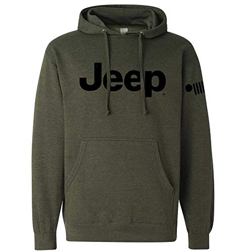 Mens Jeep Text Logo Military Green Hoodie Hooded Sweatshirt with front pocket pouch (XL)