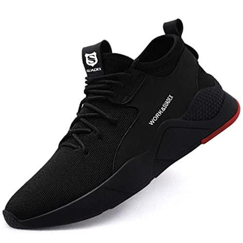 SUADEX Steel Toe Shoes for Women Men, Anti Slip Safety Shoes Breathable Lightweight Puncture Proof Work Construction Sneakers,11Women/9.5Men Black a