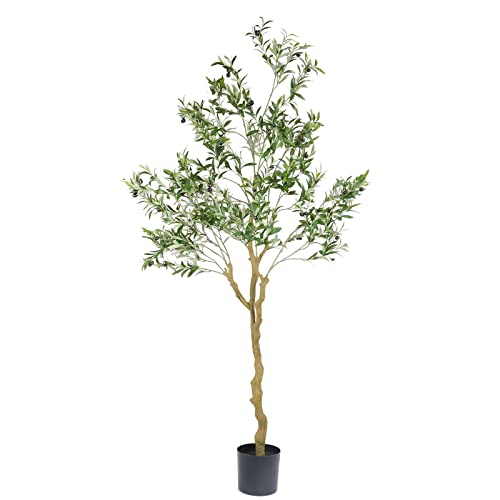 Nafresh Tall Faux Olive Tree，7ft（84in） Realistic Potted Silk Artificial Indoor with Green Leaves and Big Fruits for Home Office Living Room Bedroom Stairs Foyer Decor.