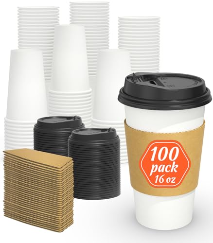 Dealusy 100 Pack 16 oz Disposable Coffee Cups with Lids and Sleeves, Sturdy Thick Paper & Leak-free Insulated to Go Coffee Cups with Lids, Paper Hot Coffee Cups for Hot & Cold Beverage