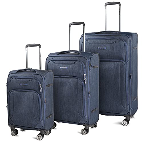 Cantor Ultra Lightweight Softside Luggage with Spinner Wheels, Set of 3, Expandable Suitcase with Retractable Handle and ID Tag, and Interlocking Zippers with TSA Lock (Navy)