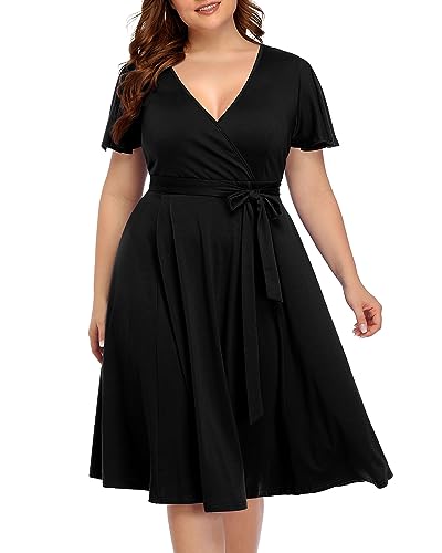Pinup Fashion Plus Size Black Dresses for Women Semi-Formal Wedding Guest Wrap Casual Short Flutter Sleeve V Neck Party Summer Dress