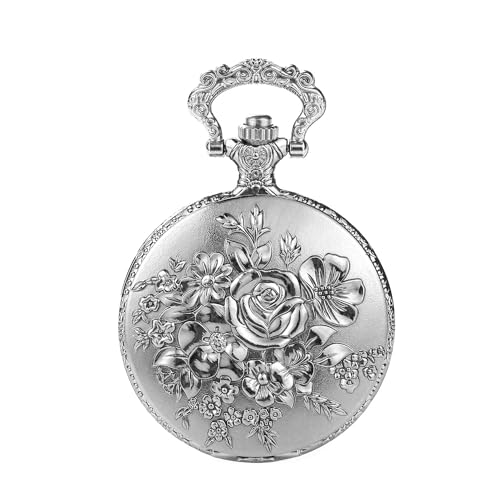 BOSHIYA Retro Flower Openwork Cover Quartz Pocket Watch with Chain Half Hunter Pocket Watches for Women with Box, for Mother's Day