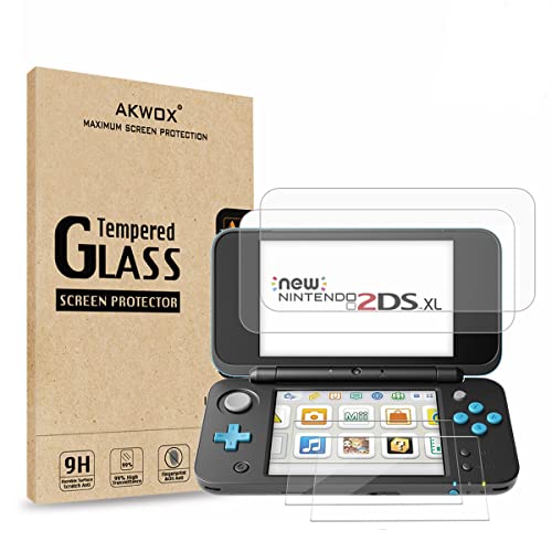 AKWOX (4-Pack) Tempered Glass Top LCD Screen Protector + HD Clear Crystal Buttom LCD Screen Protective Filter compatible with for New Nintendo 2DS XL [2 GLASS Top, 2 PET Bottom]