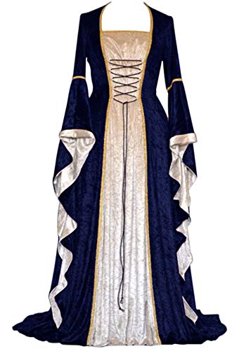 YEAXLUD Womens Renaissance Medieval Costume Dress Lace up Irish Over Long Dresses Cosplay Retro Gown S-5XL (XXL, Navy)