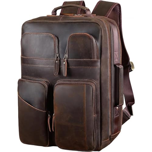 TIDING 17.3' Vintage Leather Laptop Backpack for Men Multi Pockets Casual Daypack Travel Rucksack