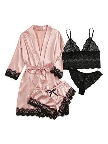 WDIRARA Women' Silk Satin Pajamas Set 4pcs Lingerie Floral Lace Cami Sleepwear with Robe Pink M