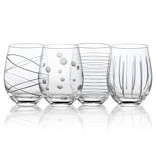 Joeyan Hand Blown Etched Stemless Wine Glasses with Dots Strips Pattern for Red Wine,Large Carved Drinking Glass Cups Tumblers for Wedding Anniversary Party Home,Set of 4,17.5 oz