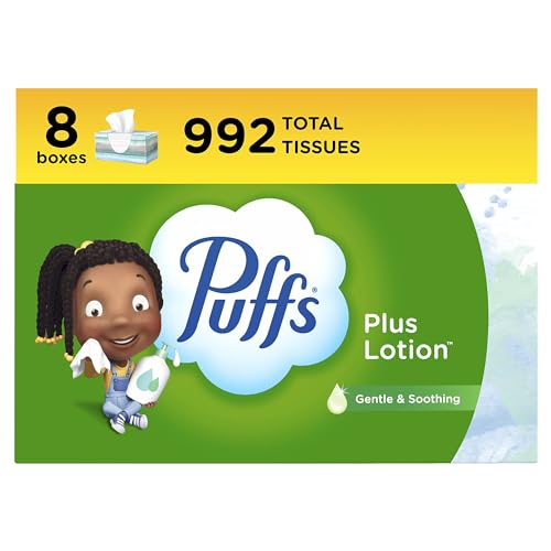 Puffs Plus Lotion Facial Tissues, 8 Family Boxes, 124 Facial Tissues per Box, Allergies and Colds