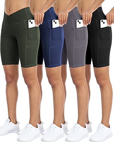 WHOUARE 4 Pack Biker Yoga Shorts with Pockets for Women,V Crossover High Waisted Athletic Running Workout Gym Shorts Tummy Control,Black,Army Green,Navy,Dark Gray,XL