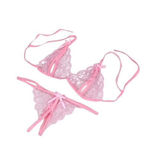 Women Lace Lingerie Nightwear Bowknot Straps Bace Tie Up Hollow Bra and Thongs Underwear Set Pink