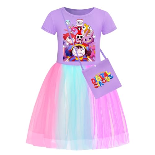 Zasveom Amazing Digital Circus Costume Kids Toddler Ragatha Dress Pomni Cosplay Outfits with Bag for Halloween (Purple 1, 4-5T)