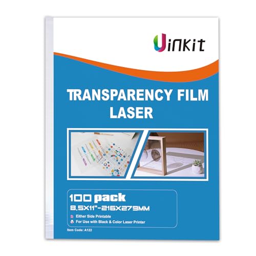 Uinkit 100 Sheets Laser Transparency Film 8.5x11 Color Transparent Paper OHP Clear Overhead Projector Film 8.5x11' for Laser Jet Printer Copier Copy Copies Photo Transparent Film A4 Letter Size