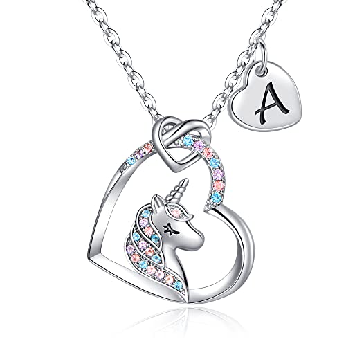 Hidepoo Unicorn Necklace Gifts - 14K White Gold Plated Cubic Zirconia Heart Pendant Unicorn Necklace Jewelry Birthday Gifts A Initial Heart Unicorn Necklace Heart Necklace Unicorns Gifts