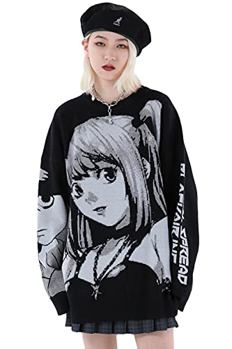 FELLVISHK Anime Girl Figure Sweater Graphic Long Sleeve Oversize Knitwear Sweatshirt Unisex 3D(Black, Large)