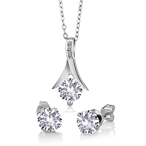 Gem Stone King 925 Sterling Silver White Created Sapphire and White Diamond Pendant and Earrings Jewelry Set For Women (3.65 Cttw, with 18 Inch Silver Chain)