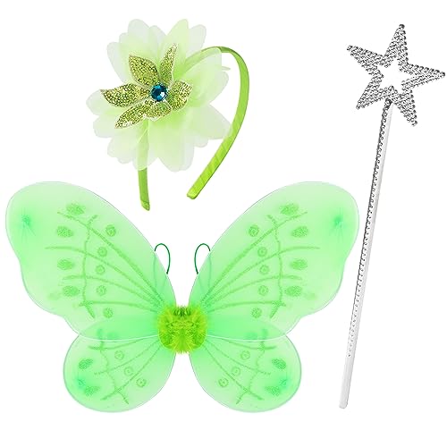 Girls Green Fairy Wings Star Wand and Flower Headband Set Princess Costume Accessories Halloween Dress Up for Tinkerbell