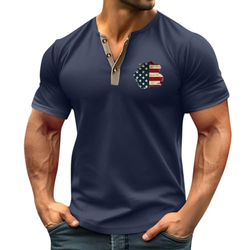 WENKOMG1 Mens Henley Shirt Retro Style Stars and Strips Printed Tshirt Shirt Short Sleeve 4th of July V-Neck T-Shirt, Polo Shirt for Men T Shirts Mens Golf Shirts Hawaiian Shirt(B Navy,Medium)