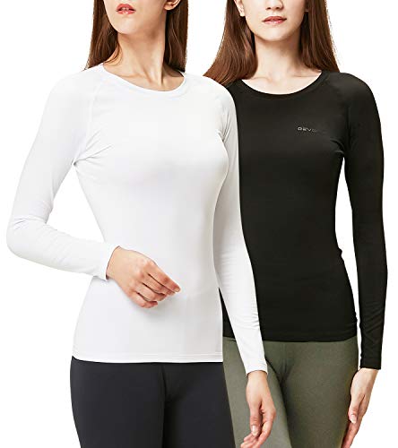 DEVOPS Women's 2 Pack Thermal Long Sleeve Shirts Compression Baselayer Tops (Small, Black/White)