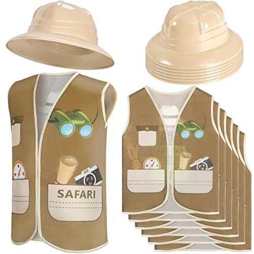 12 Pcs Safari Hats and Vest for Kids Safari Dress Costume Include 6 Safari Party Hats and 6 Safari Party Vest Safari Party Supplies for Theme Jungle Party Birthday Halloween Party Decorations