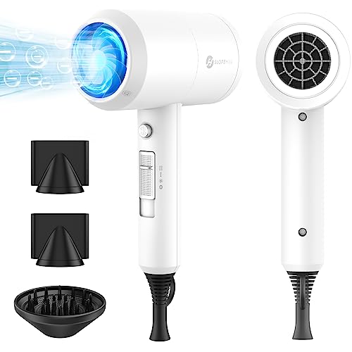 Slopehill Professional Ionic Hair Dryer, Powerful 1800W Fast Drying Low Noise Blow Dryer with 2 Concentrator Nozzle 1 Diffuser Attachments for Home Salon Travel (White)