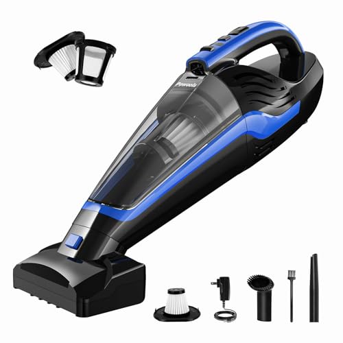 Powools Pet Hair Handheld Vacuum - Car Vacuum Cordless Rechargeable, Well-Equipped Hand Vacuum for Carpet, Couch, Stairs, Powerful Handheld Vacuum Cordless w/Motorized Brush, Blue (D 27 PL8726)