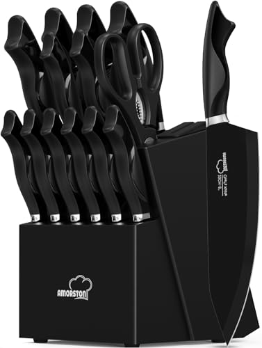 Amorston Knife Set, 15 Pieces Kitchen Knife Set with Built in Knife Sharpener Block, Dishwasher Safe Knife Block Set, German Stainless Steel, Black