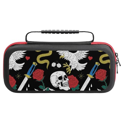 PUYWTIY Carrying EVA Hard Case Compatible with Nintendo Switch, Portable Travel Carry Case Shell Pouch with 20 Game Card Slots, Vintage Rock Snake Knife Wild Eagle Rose Skull