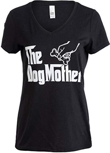 Ann Arbor T-shirt Co. The Dogmother | Funny Cute Dog Mother Mom Owner Pet Doggo Pup Women V-Neck T-Shirt-(Vneck,XL) Vintage Black