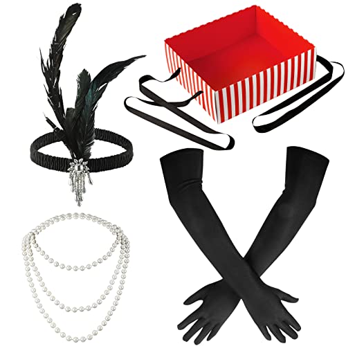 6 Pcs Roaring 20s Flapper Girl Accessory Set Gatsby Costume Flapper Feather Headband Pearl Necklace Gloves and Girl Party Tray Snack Beverage Carrier 1920s Costume for Women