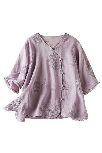 DOVWOER Women's Linen Retro Embroidery Floral Print Cheongsam Top Button-up Tunic Blouse