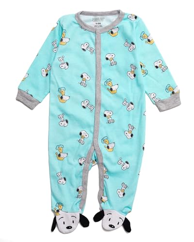 Happy Threads Snoopy Baby Boys Pajamas One Piece - Baby Footie Plush Polar Fleece Pajamas - Baby boy Sleepers (Green/White/Yellow, 3-6 Months)