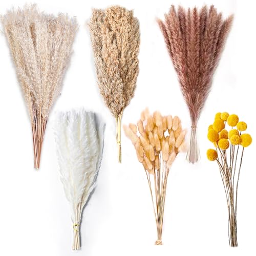 100PCS Natural Dried Pampas Grass Decor - 17.5' Fluffy Pampas Grass Bouquet - Boho Home Decor Dried Flowers for Wedding Floral Room Home Party Table Decorations